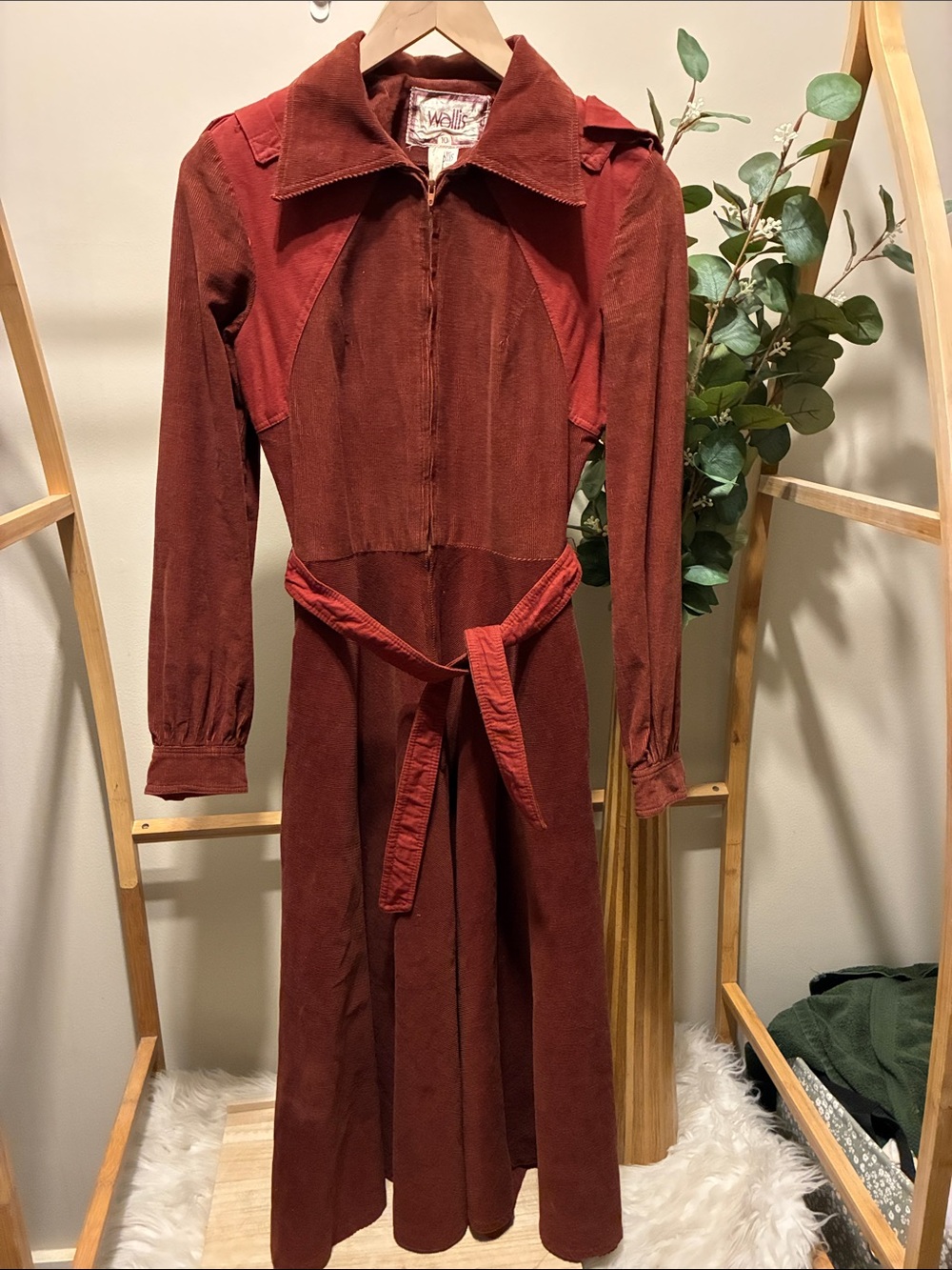 Vintage 100% Cotton Wallis Rust Corduroy Long-Sleeve Belted Dress